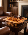 Handcrafted Olive Wood Chess Set with Drawer | Live Edge Red or Black Board