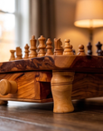 Handcrafted Olive Wood Chess Set with Drawer | Live Edge Red or Black Board