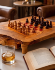 Handcrafted Olive Wood Chess Set with Drawer | Live Edge Red or Black Board