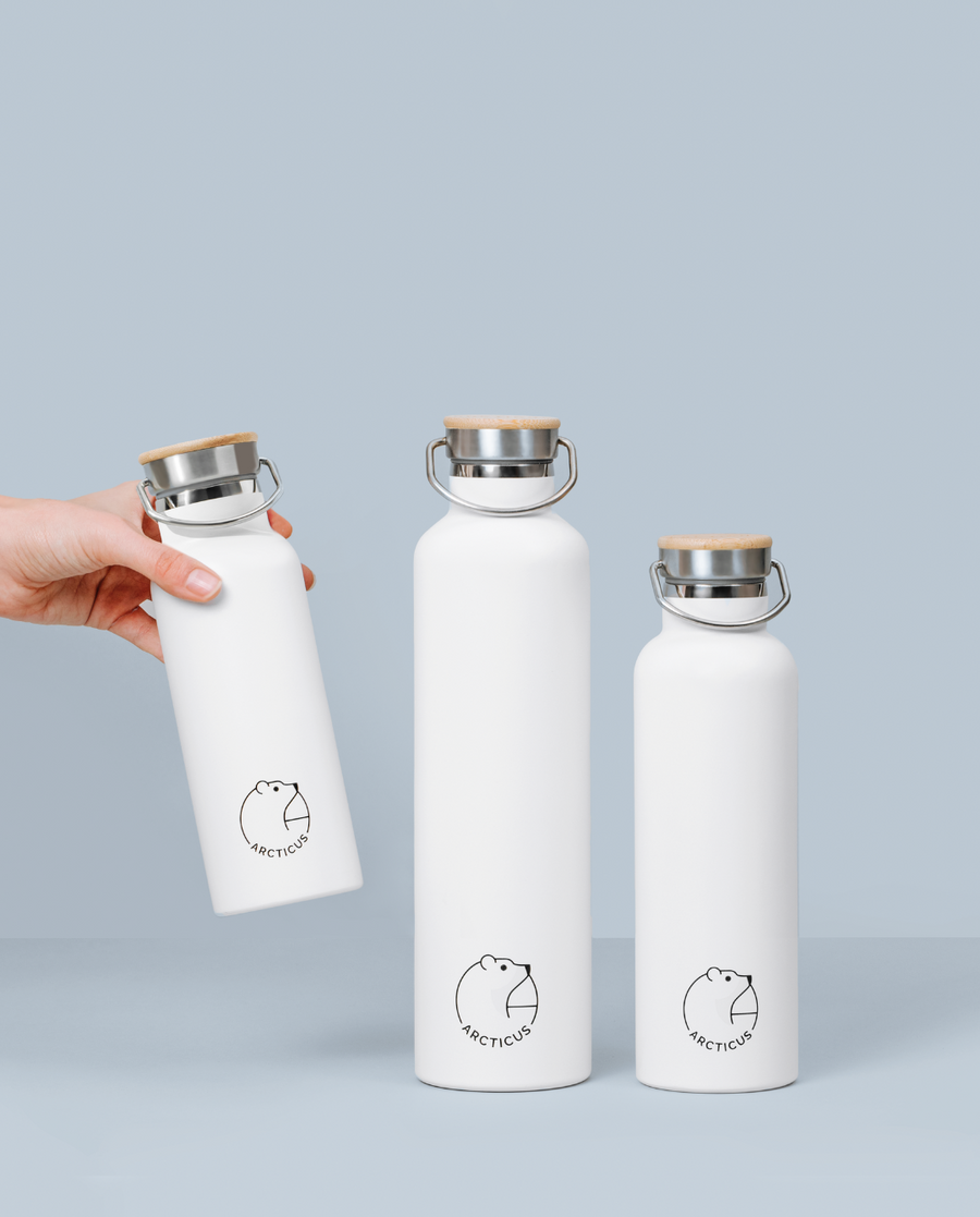 Premium Arctic Bottle, double-wall vacuum-insulated stainless steel water bottle, eco-friendly bamboo lid, keeps drinks hot or cold, leak-proof, BPA-free by Arcticus at brixbailey.com