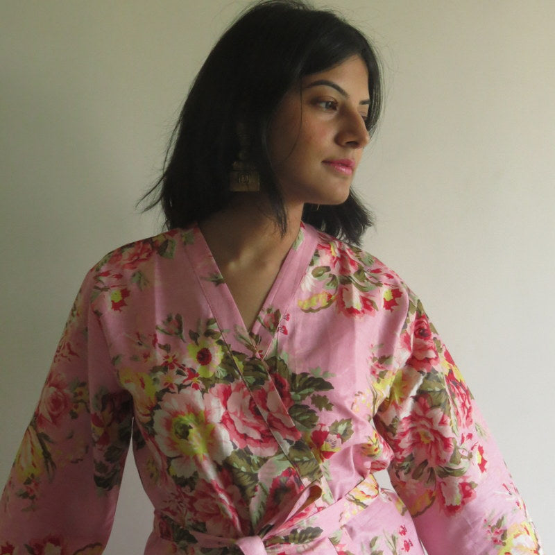 Pink Floral Knee Length, Kimono Crossover Belted Robe-1