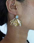 Textured Gold Bloom Earrings with Moonstone/Labradorite Tops – Brass Boho Statement.