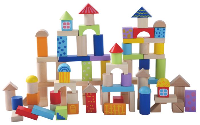 a vibrant tower of colorful wooden blocks being playfully stacked by a child&#39;s hands