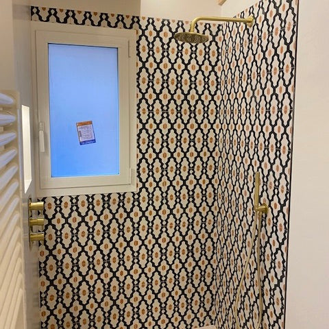 Luxury Moroccan cement tiles, vibrant yellow and black bathroom kitchen tiles, handcrafted authentic patterns, premium high-traffic flooring by Maria Starling Design at brixbailey.com