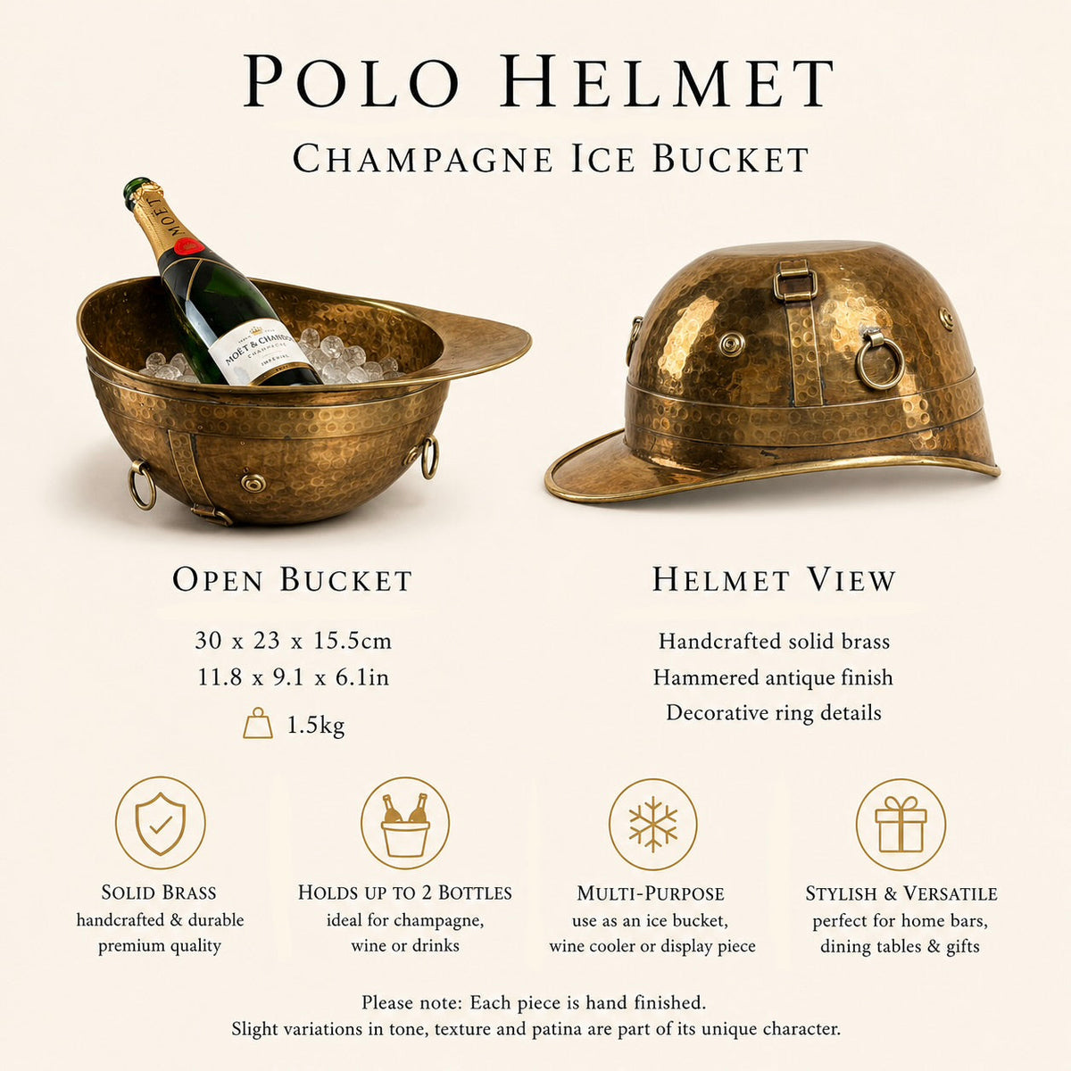 Solid Antique Brass Polo Helmet Champagne Ice Bucket | Wine Cooler
