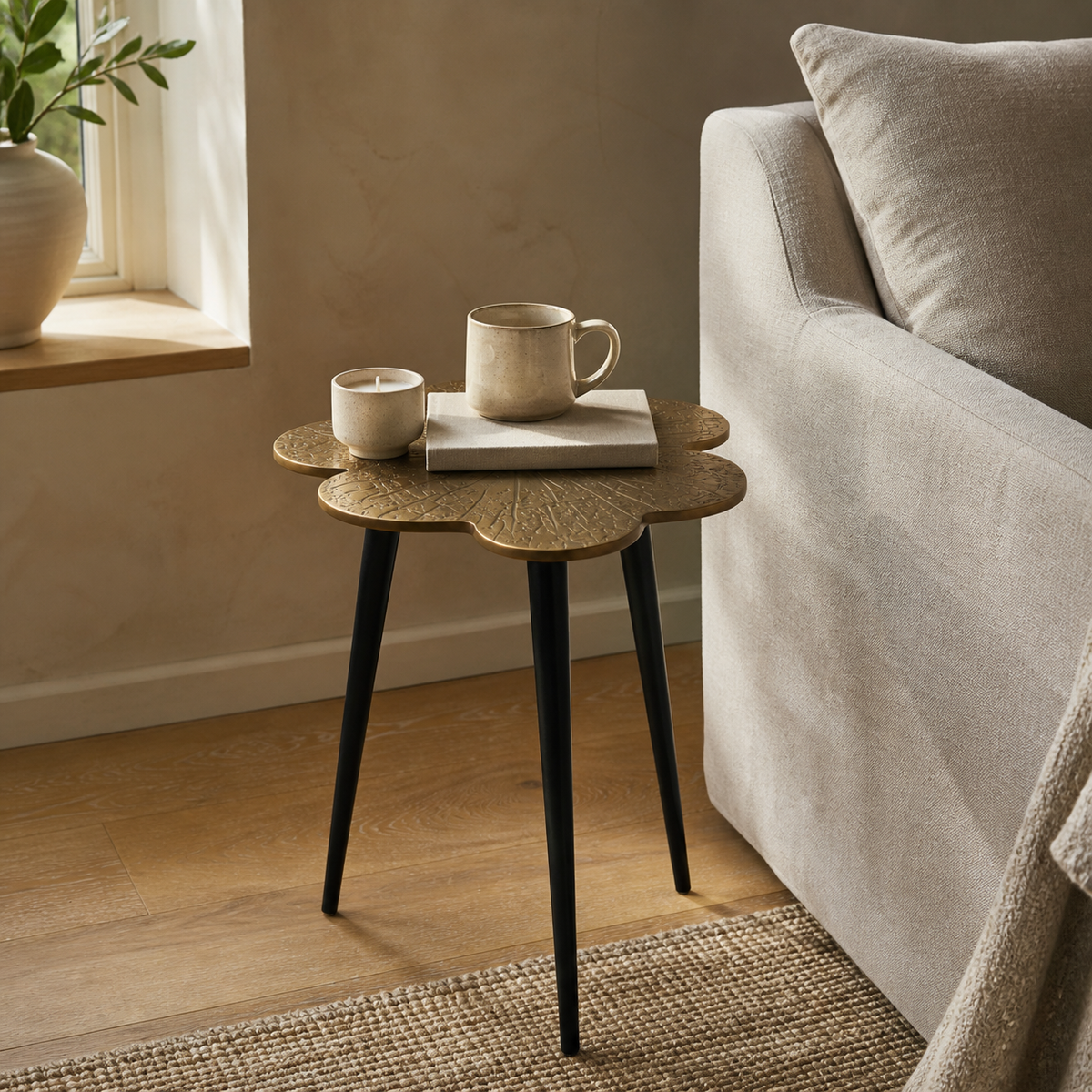 Brass Clover Side Table | Etched Top &amp; Black Iron Legs