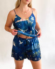 Blue silk pyjama set in 'Wonderous'  night sky Print, luxury lounge wear