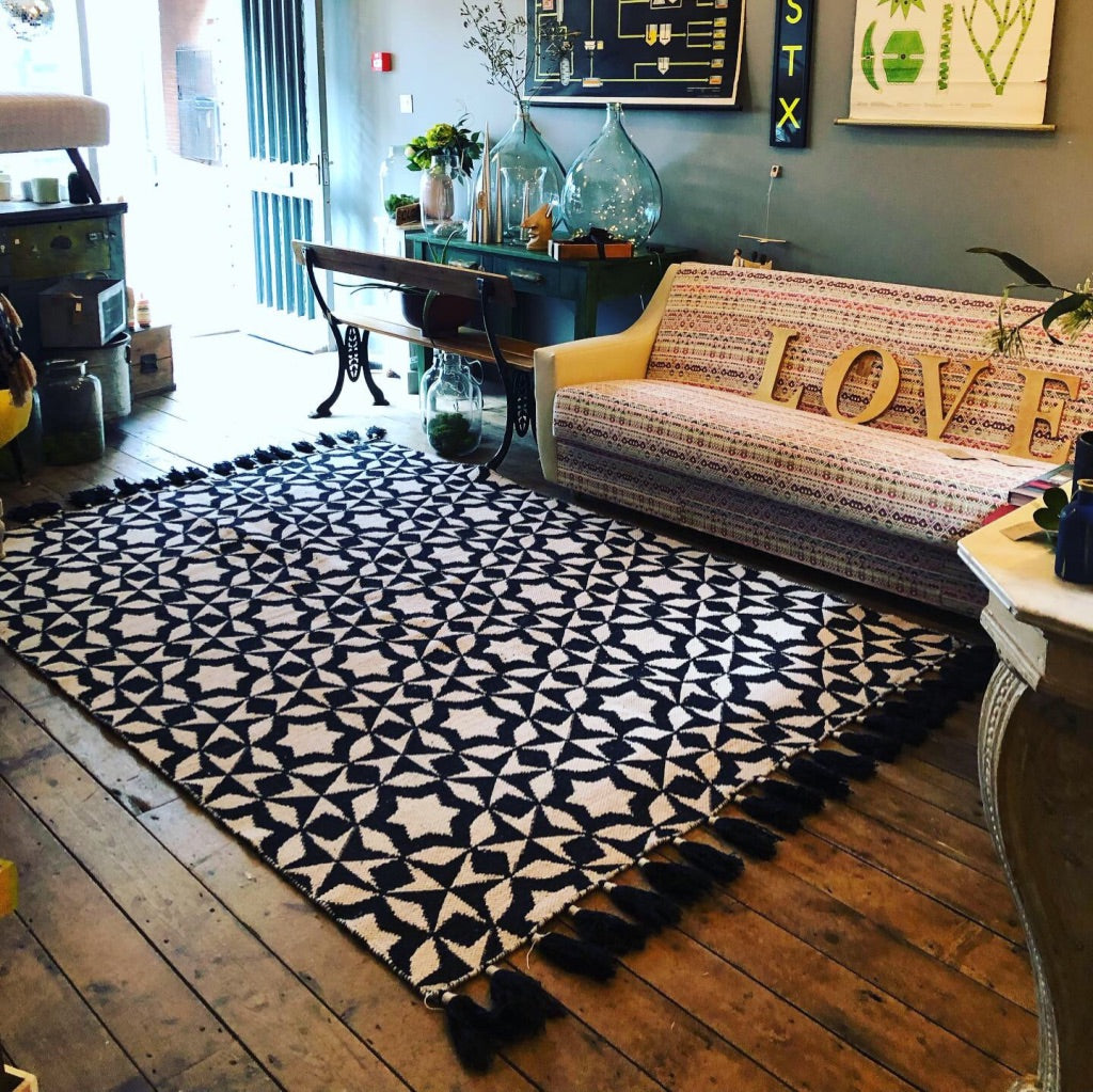 Premium monochrome flat weave rug, handmade in India with pure wool, stylish geometric design, neutral tones, large edge tassels, 170x240cm by Maria Starling Design at brixbailey.com