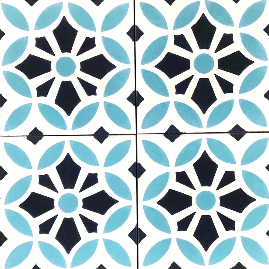 Luxury MAROQ cement floor tiles, turquoise and white Moroccan-inspired design, premium handcrafted timeless tiles for walls and floors by Maria Starling Design at brixbailey.com
