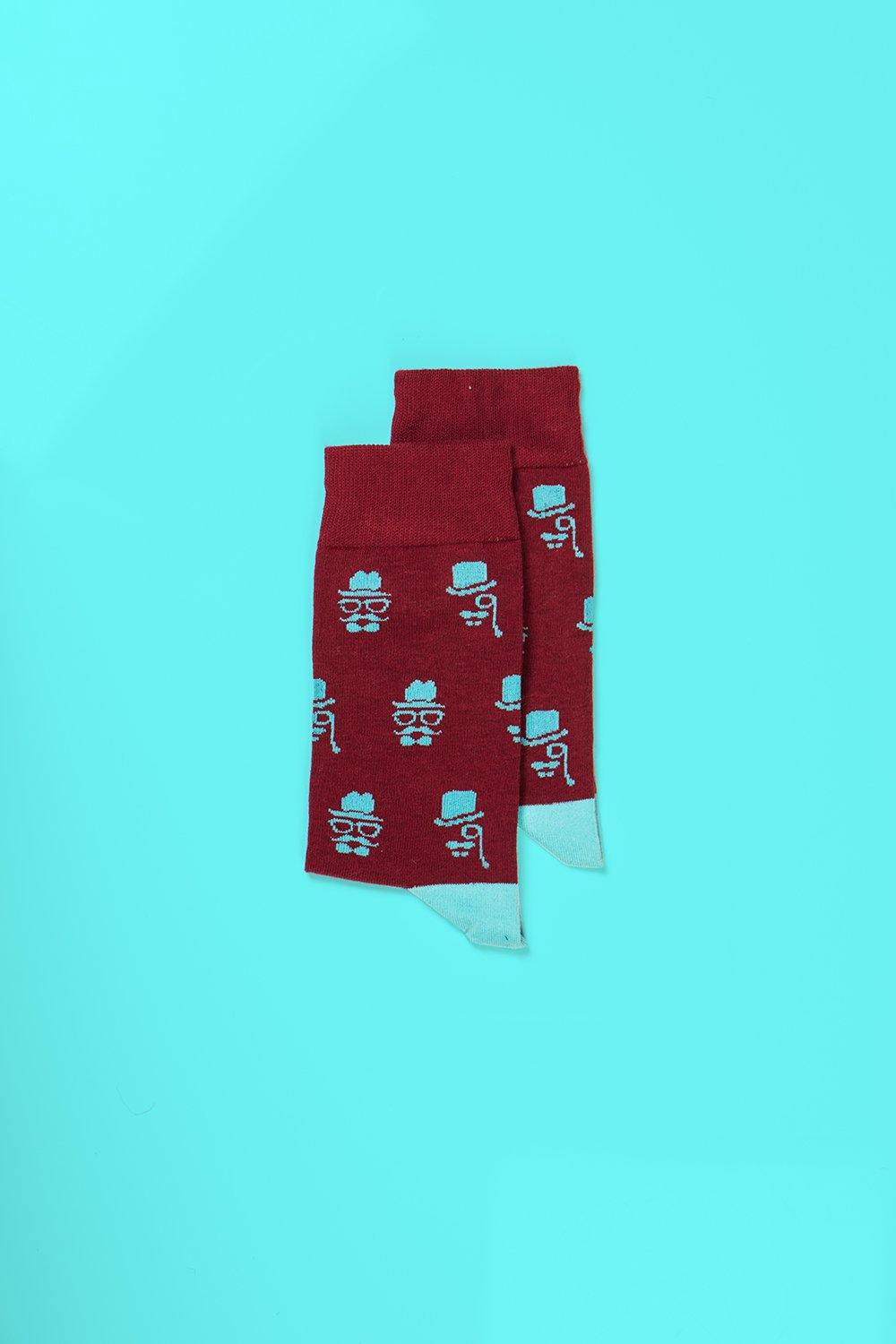 Novelty mustache and glasses party socks, premium cotton-rich blend, ultra-snug fit, trending holiday gift, pack of 4, grey-orange and cherry-cyan by Body and I at brixbailey.com