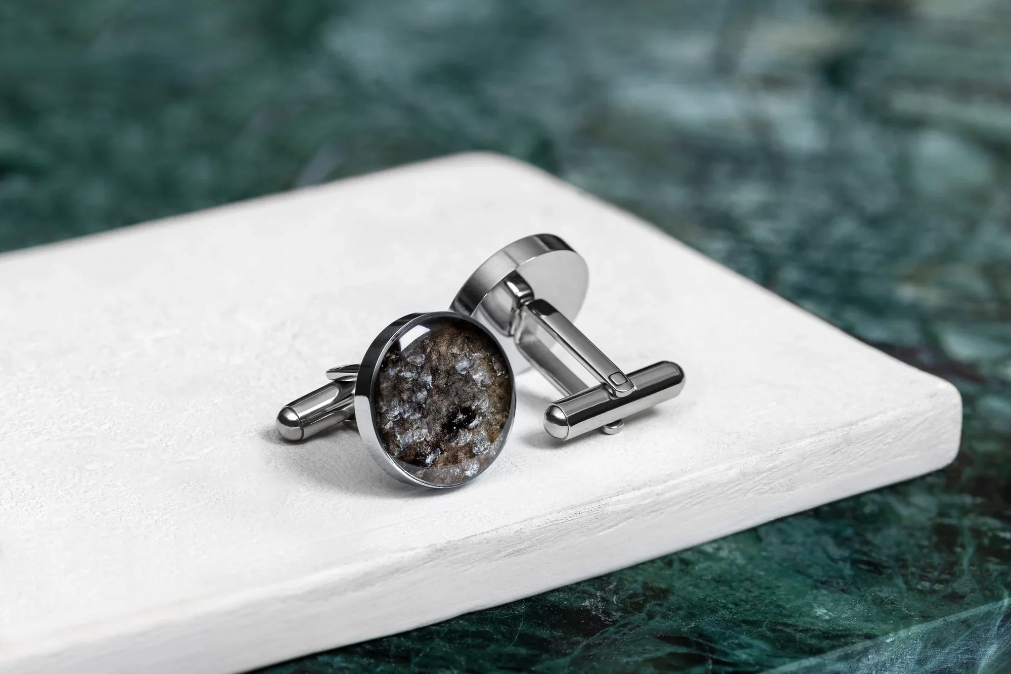 Round Cufflinks with Black Spotted Leather Detail