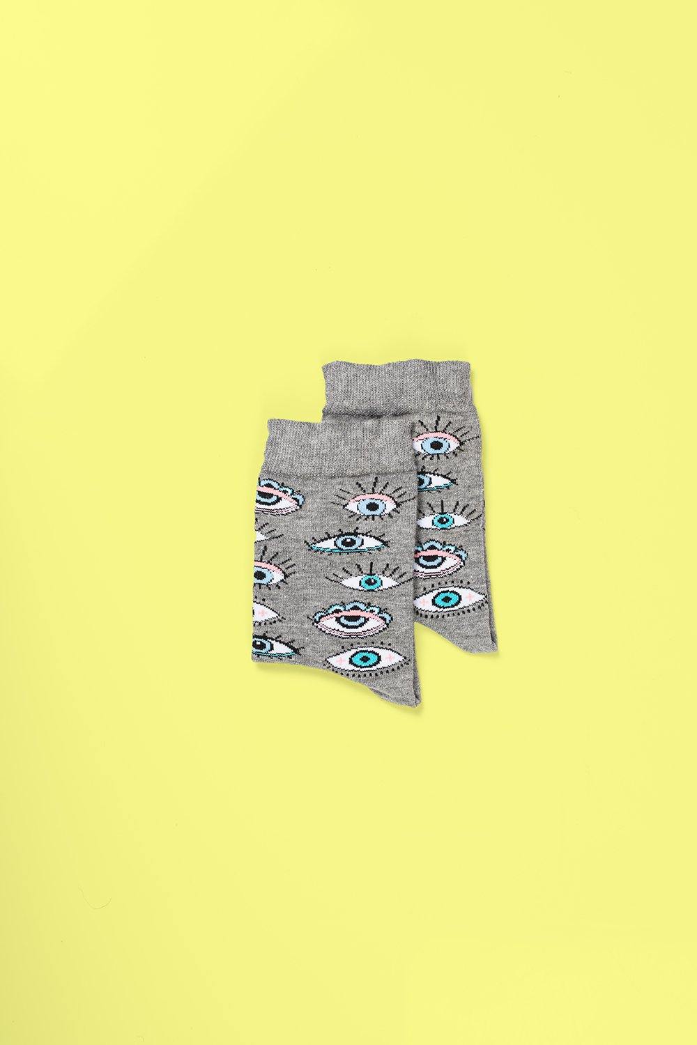 Luxury blue and grey eye socks, premium soft cotton blend, stylish colorful design, best-selling stretchy unisex footwear by Body and I at brixbailey.com