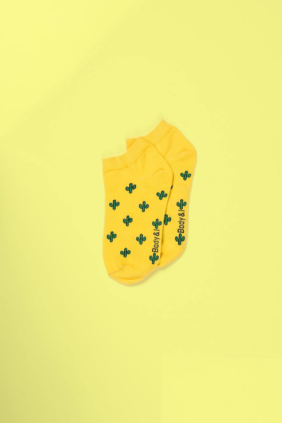 Cactus yellow patterns short ankle socks, luxury cozy autumn-inspired socks with green succulent leaves, trending best-selling unisex socks by Body and I at brixbailey.com