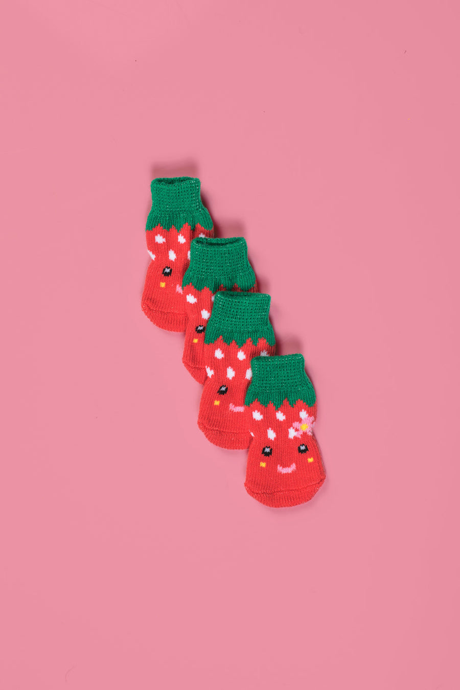 Luxury non-slip dog socks, paw protectors for clean dry paws, stylish strawberry print, best-selling pet accessories by Body and I at brixbailey.com