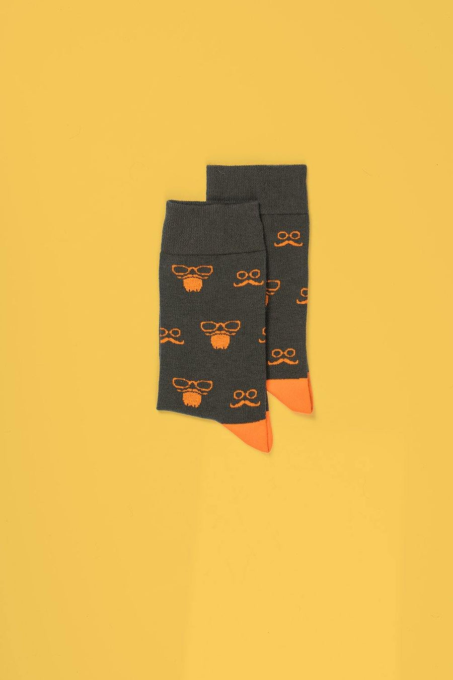 Novelty party socks with glasses and mustache, premium cotton-rich, ultra-snug, trending holiday style, grey-orange cherry-cyan by Body and I at brixbailey.com