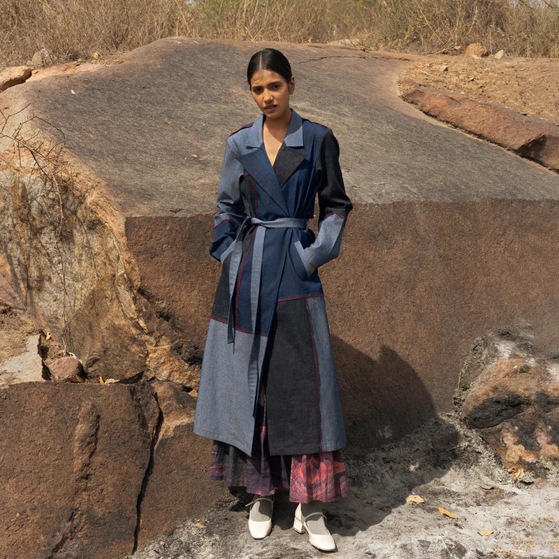 Luxury upcycled denim trench coat, patchwork multicolor, handcrafted premium cotton, stylish notch collar, tie-up belt, limited edition by Bethikal at brixbailey.com
