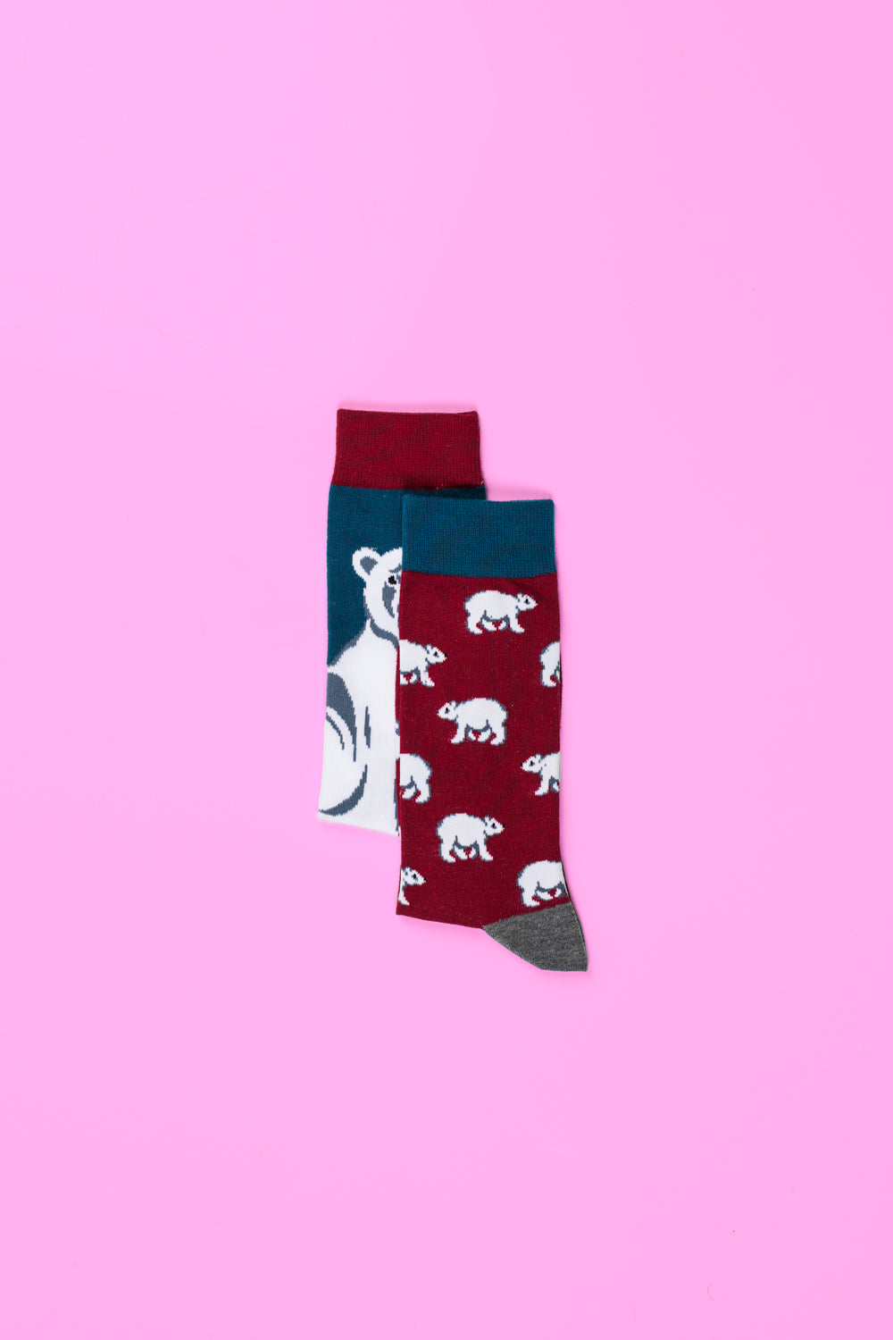Fun mix and match animal print socks, stylish burgundy mismatch design, premium comfort cotton blend by Body and I at brixbailey.com