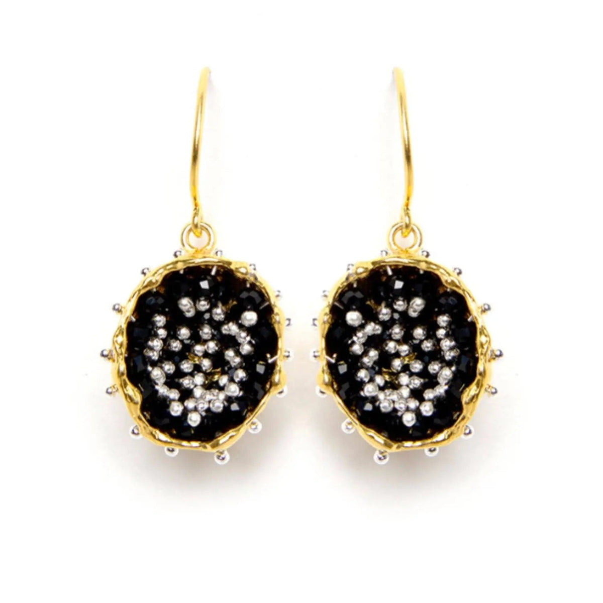 Dance of Stamens Medium Earring, Gold Plated Hollow Bezel with Black Spinel