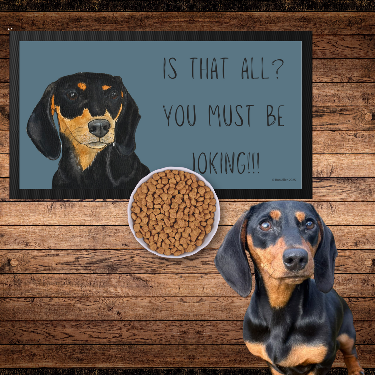 Black &amp; Tan Dachshund Dining Drama – Hilarious Pet Bowl Mat!