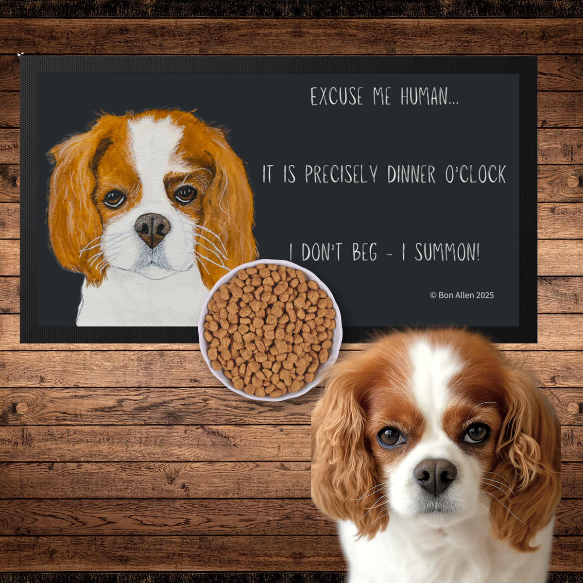 Dinner O'Clock Mat: Cavalier King Charles Spaniel Pet Bowl Mat with Royal Sass