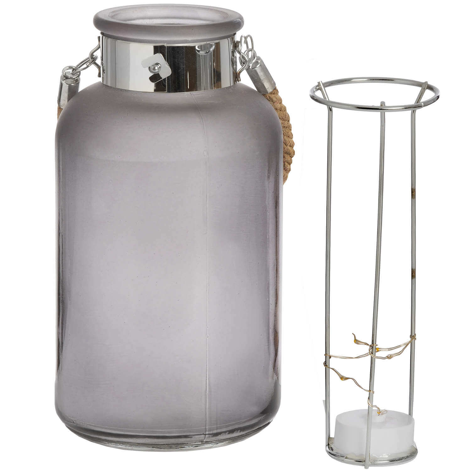 Frosted Grey LED Lantern with Rope Handle