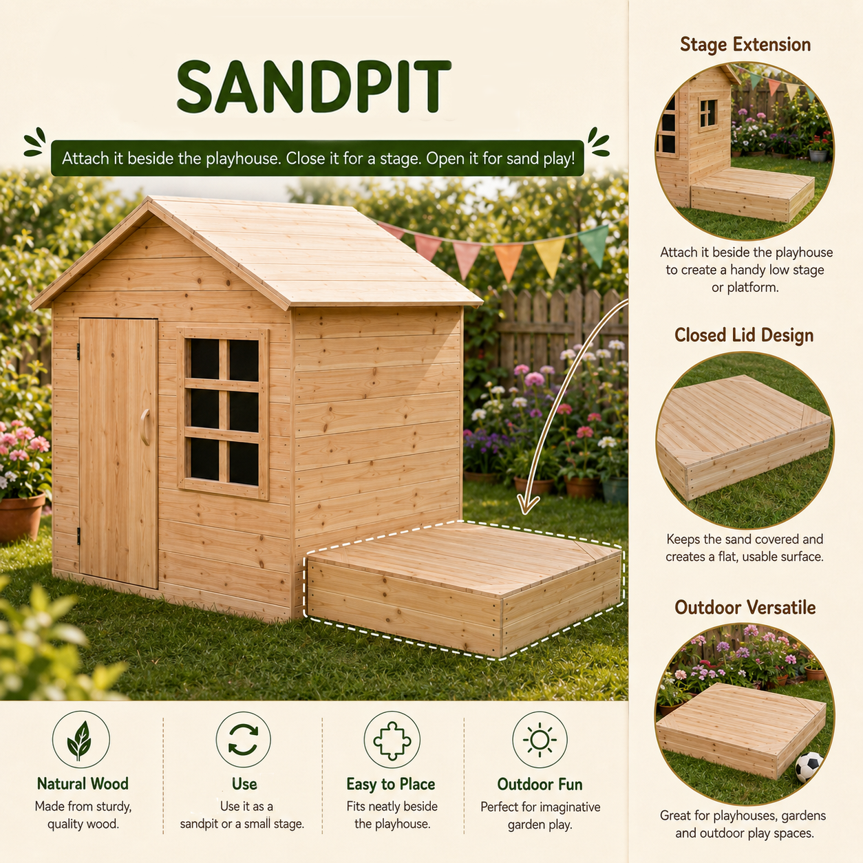 Wooden sandpit with lid - Outdoor stage &amp; playhouse patio