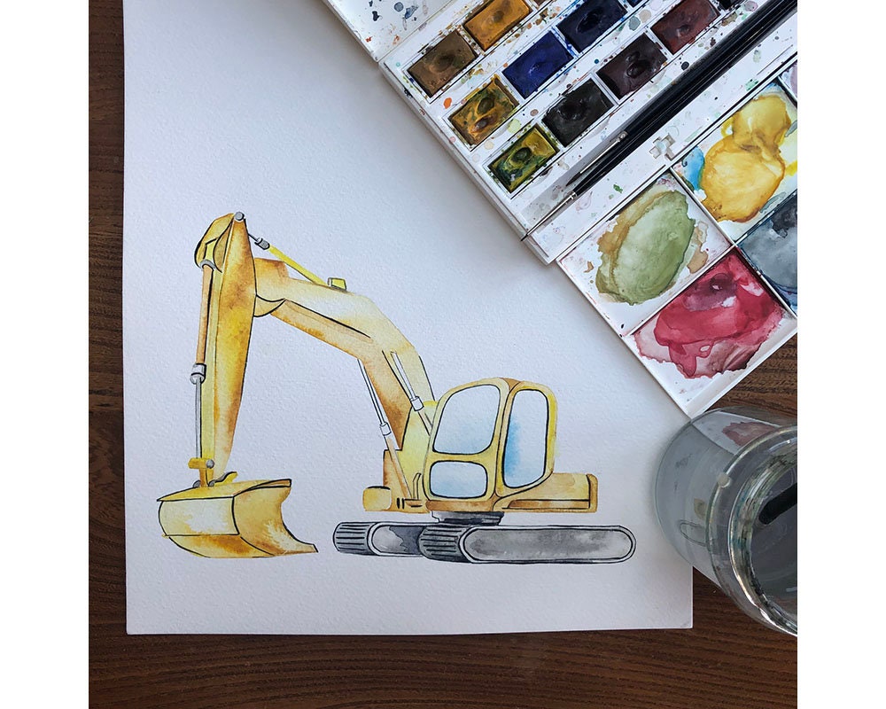 Watercolour Vehicles Wallpaper | Diggers, Fire Engines &amp; Trucks | Kids Bedroom &amp; Nursery