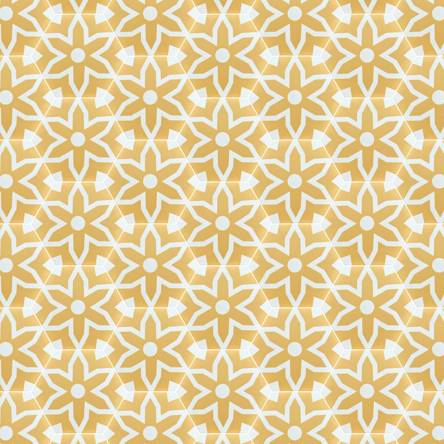 Fleur porcelain floor and wall tiles, yellow and white hex pattern, premium anti-slip matte finish, indoor outdoor luxury tiles by Maria Starling Design at brixbailey.com