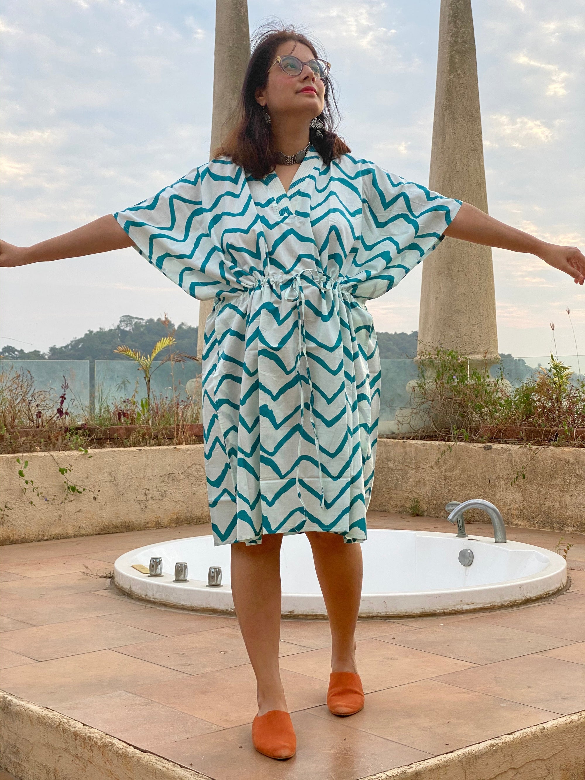Chevron V-Neck, Knee Length, Cinched Waist Caftan-0