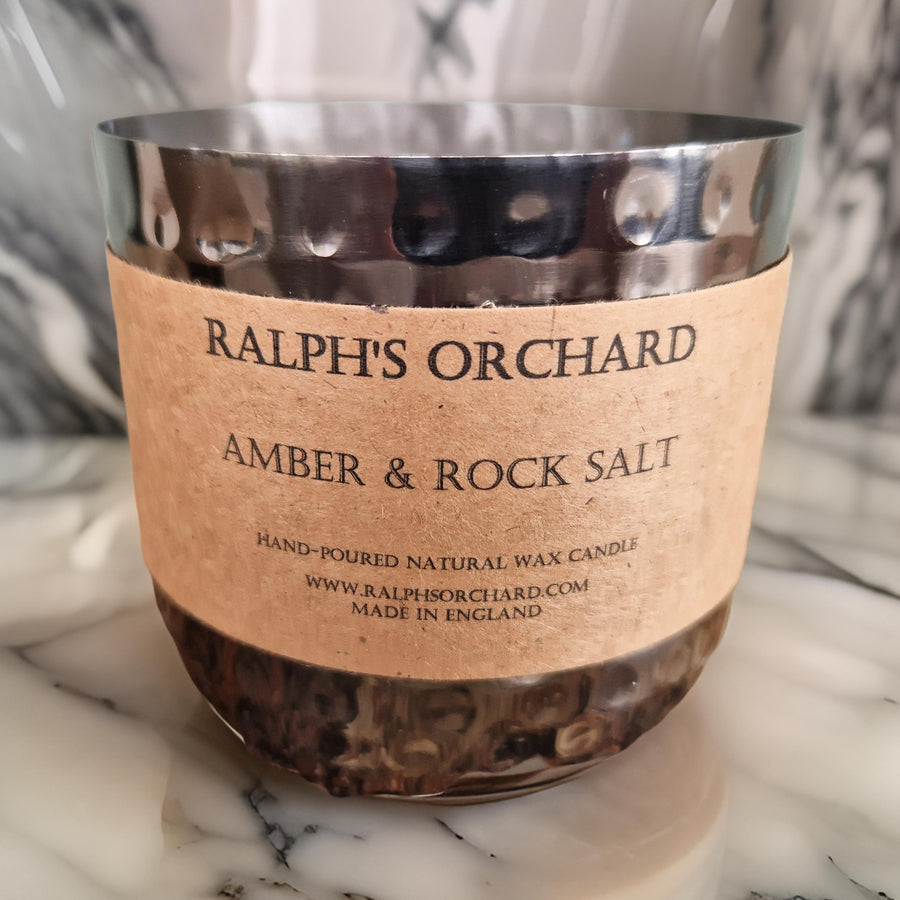 Luxury marine candle with amber, rock salt, driftwood, clean ozonic fragrance, fresh sea breeze scent, best-selling home decor by Ralph's Orchard at brixbailey.com