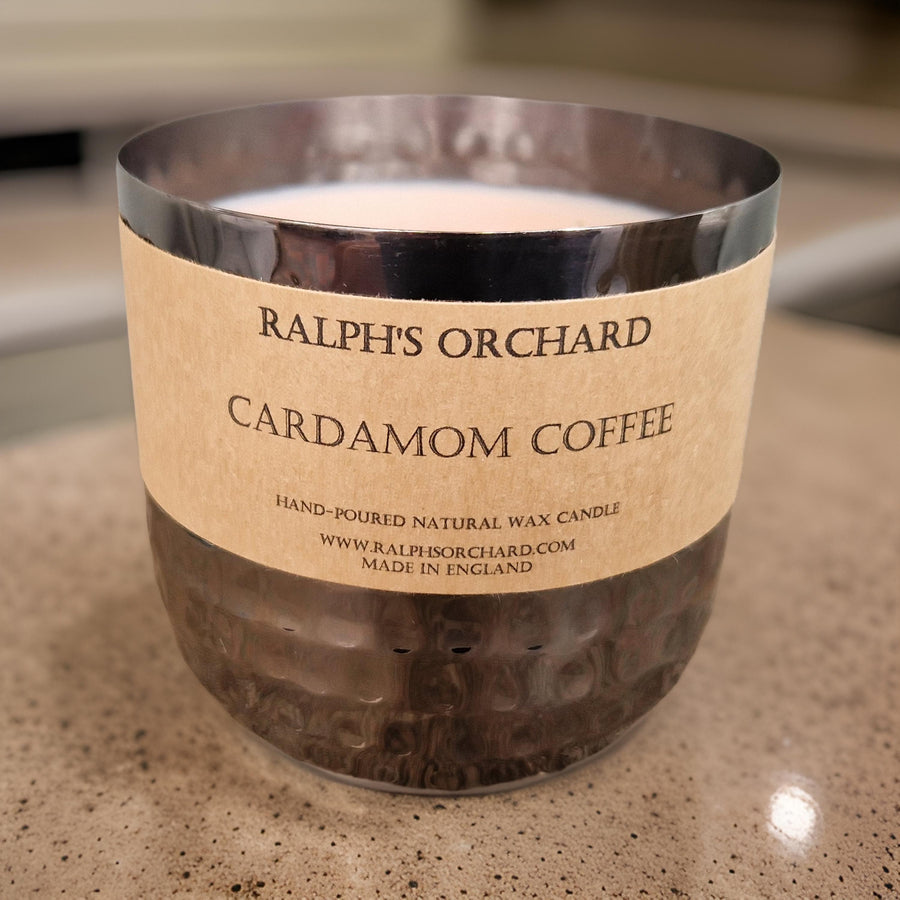 Premium Cardamom Coffee Scented Candle, luxury handmade soy wax candle with exotic Middle Eastern spice aroma, vegan and eco-friendly by Ralph's Orchard at brixbailey.com