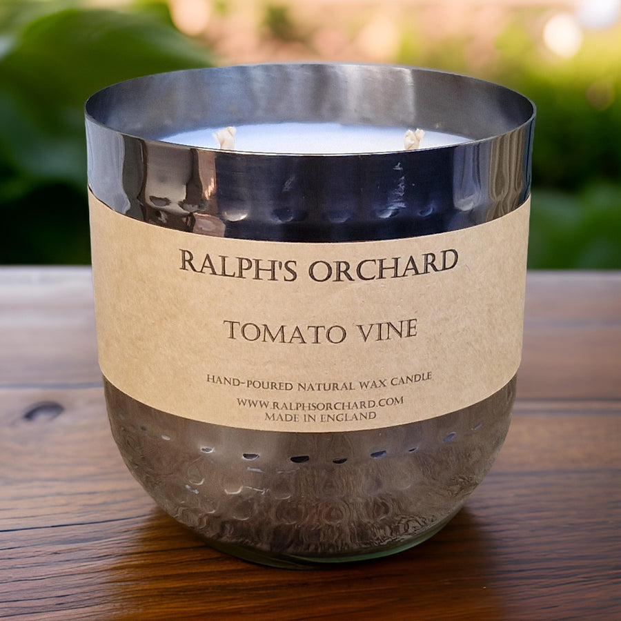 Luxury tomato vine scented candle with apple, rhubarb, jasmine, sandalwood, hand-poured in England, cruelty-free, eco-friendly by Ralph's Orchard at brixbailey.com