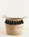 Black Tasseled Belly Basket for Storage
