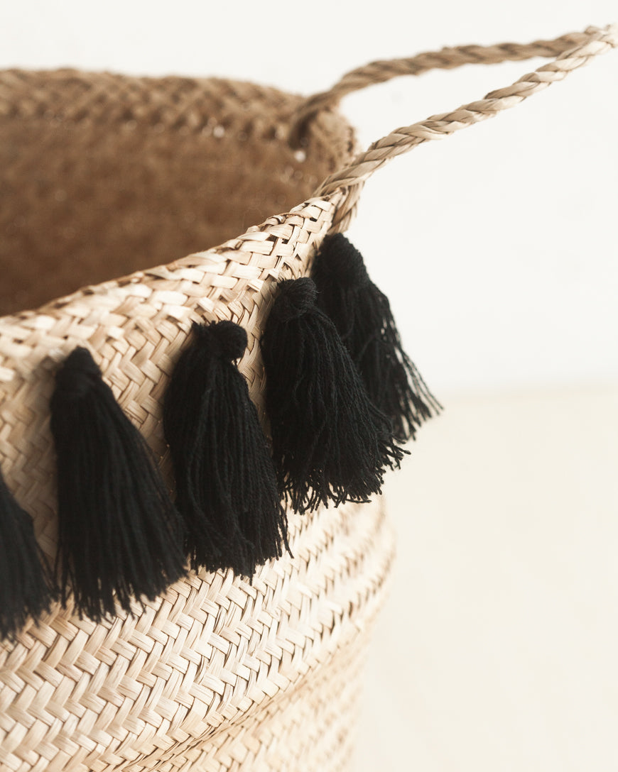 Black Tasseled Belly Basket for Storage