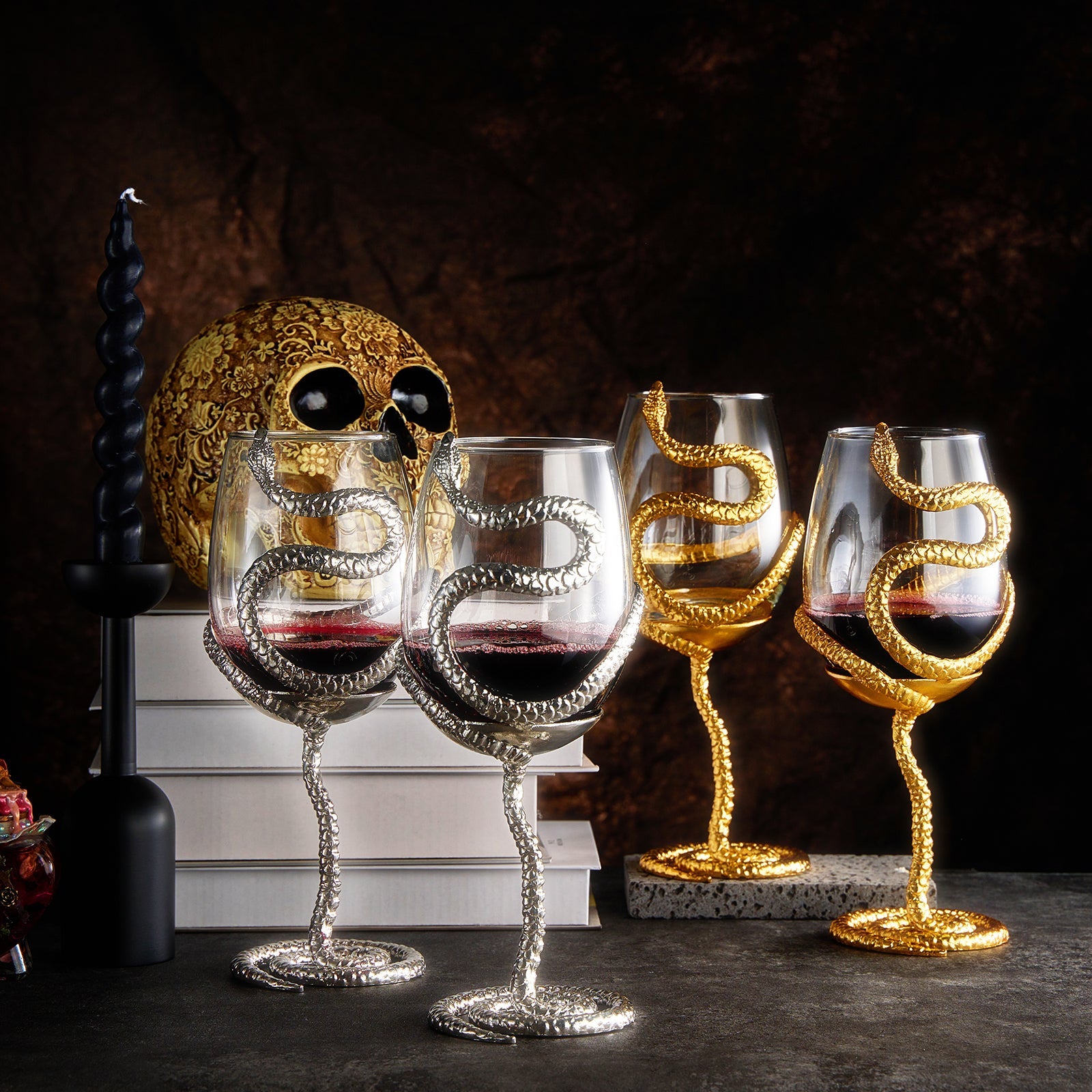 Stemmed Snake Wine Glass | Set of 2 | 19oz Spooky Reptile Glasses 10" H, Goth Gifts, Skeleton Gifts, Skeleton Decor, Spooky Wine Gift Set, Perfect for Themed Parties (Silver)-4