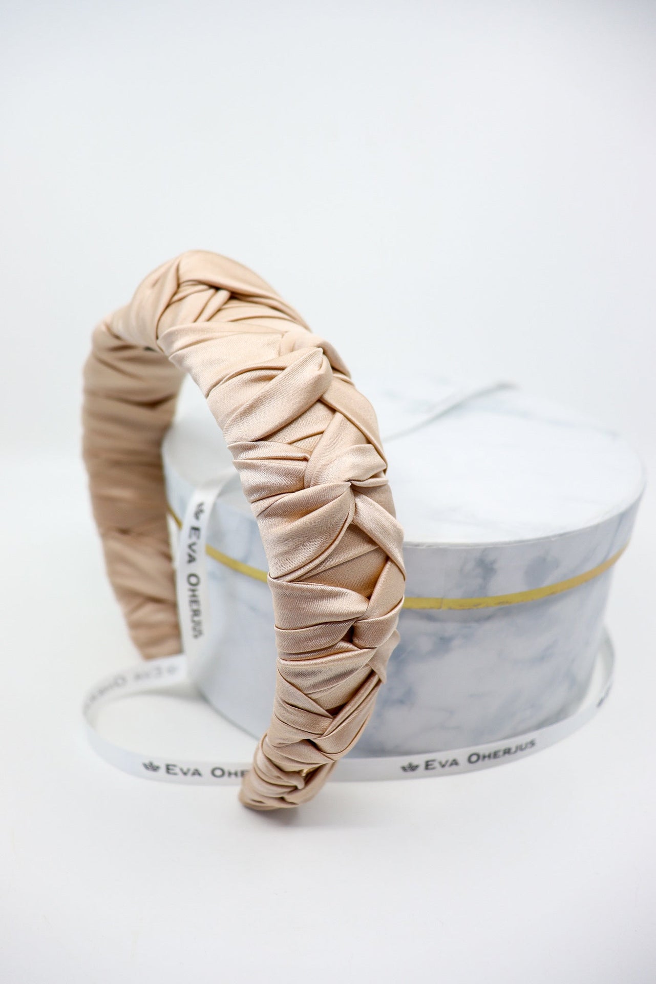 Light Beige Silk Knotted Headband - Elegant Crown Style with Volume, Includes Luxury Hardcover Box by Eva Oherjus at www.brixbailey.com