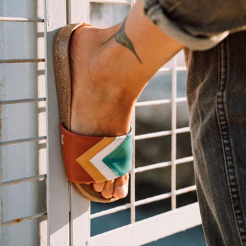 Premium vegan sandals in turquoise ocean white mustard terracotta, comfortable strap, soft anatomical footbed, slip-resistant sole, durable, eco-friendly by Fünve at brixbailey.com