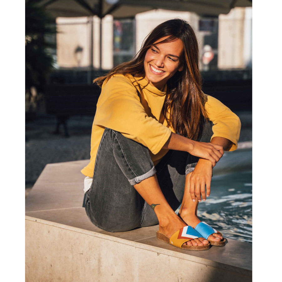 Premium vegan sandals SKY in azure blue, white, terracotta, mustard, PETA certified, non-slip sole, fair trade, eco-friendly by Fünve at brixbailey.com