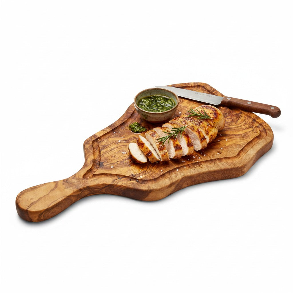 Handmade Olive Wood Freeform Meat Carving Board with Handle &amp; Juice Groove | Live Edge Steak &amp; Serving Board | Natural Grain | 45–60 cm