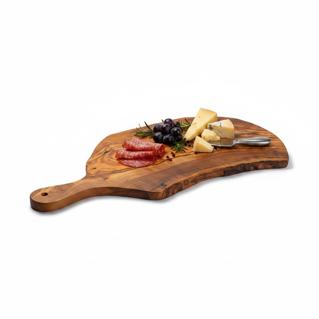 Handmade Olive Wood Live Edge Paddle Board with Handle | Rustic Freeform Charcuterie &amp; Fruit Serving Board | Natural Grain | 30–40 cm