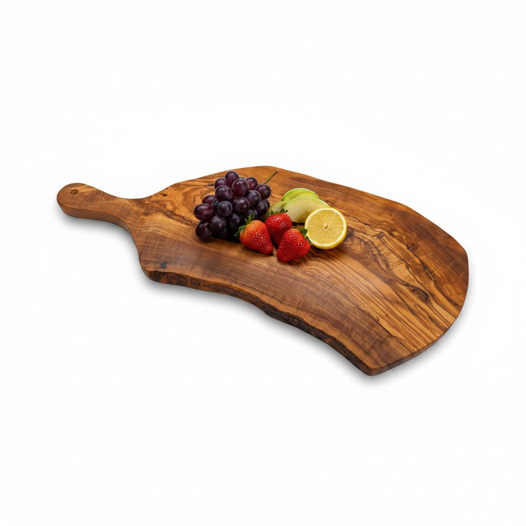Handmade Olive Wood Live Edge Paddle Board with Handle | Rustic Freeform Charcuterie &amp; Fruit Serving Board | Natural Grain | 30–40 cm