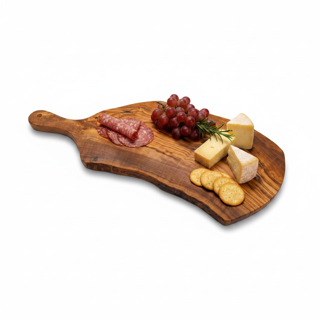Handmade Olive Wood Live Edge Paddle Board with Handle | Rustic Freeform Charcuterie &amp; Fruit Serving Board | Natural Grain | 30–40 cm