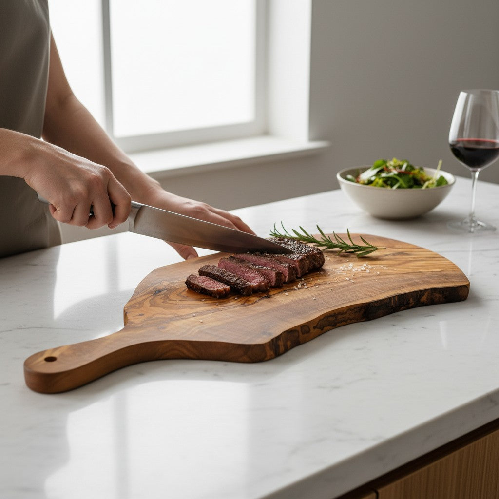 Handmade Olive Wood Live Edge Paddle Board with Handle | Rustic Freeform Charcuterie &amp; Fruit Serving Board | Natural Grain | 30–40 cm