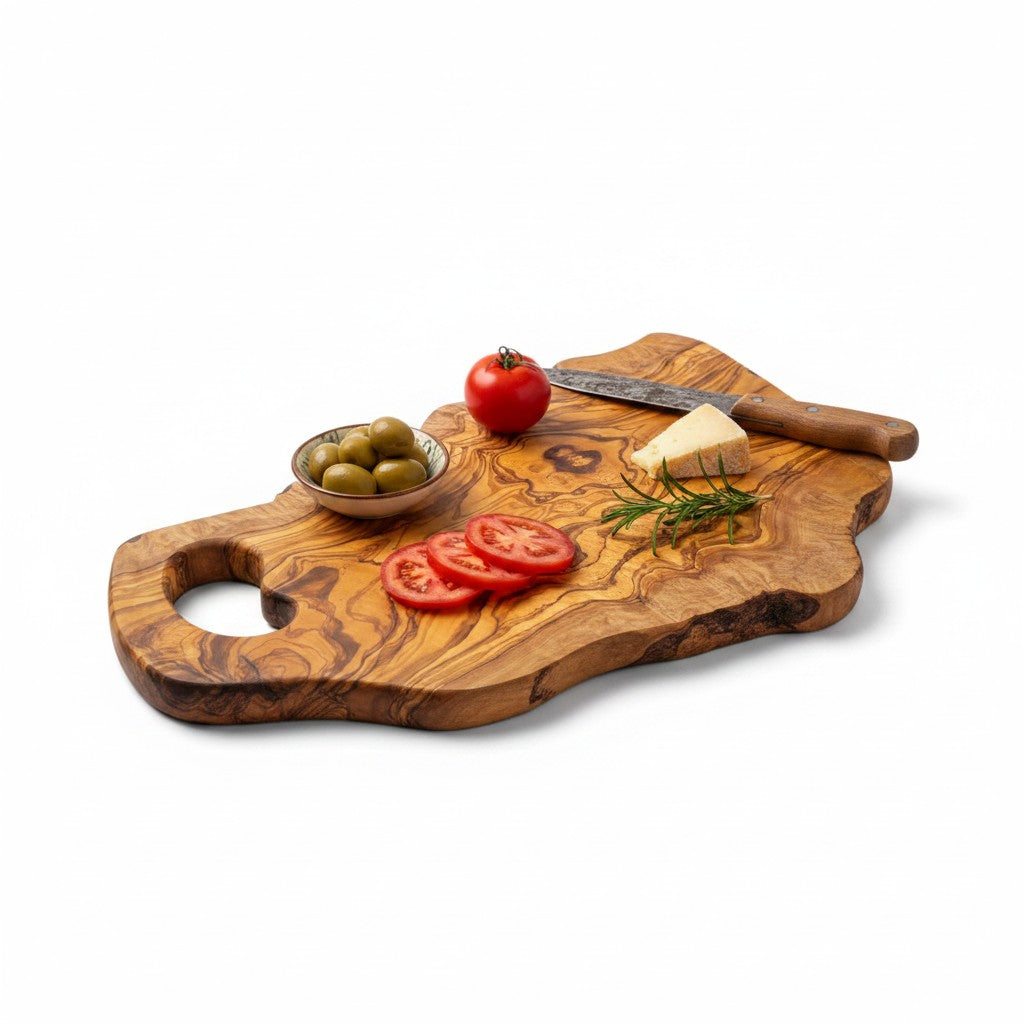 Handmade Olive Wood Freeform Cutting Board with Handle | Live Edge Charcuterie &amp; Serving Board | Unique Natural Grain | 40–80 cm