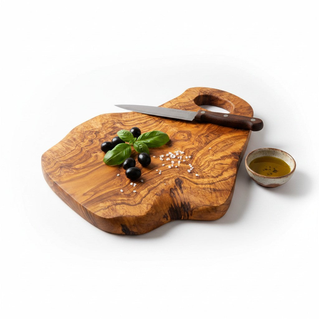 Handmade Olive Wood Freeform Cutting Board with Handle | Live Edge Charcuterie &amp; Serving Board | Unique Natural Grain | 40–80 cm