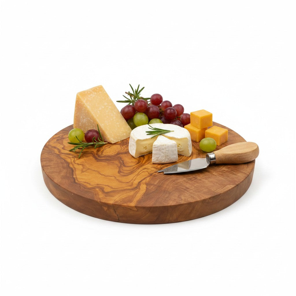 Handmade Round Olive Wood Cutting Board | Thick Circle Cheese &amp; Serving Board | Stunning Natural Grain | 15–40 cm