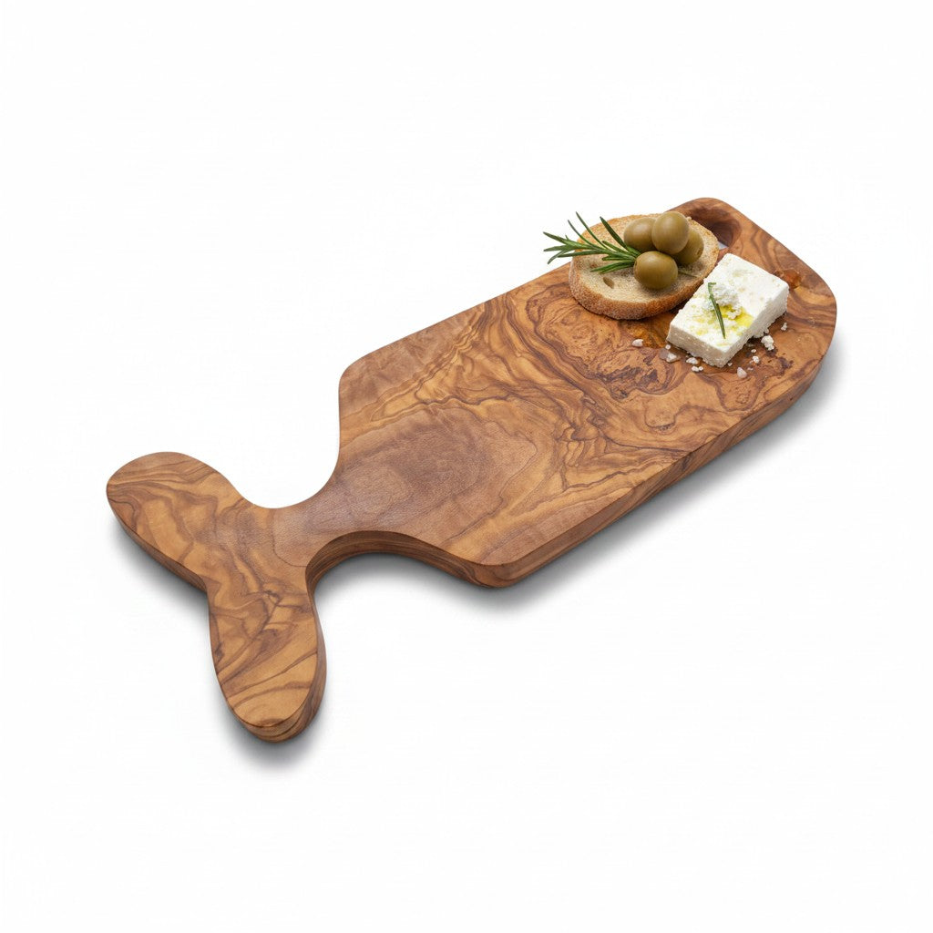 Handcrafted Fish-Shaped Olive Wood Serving Board - 36cm Artisan Charcuterie Platter &amp; Cheese Board