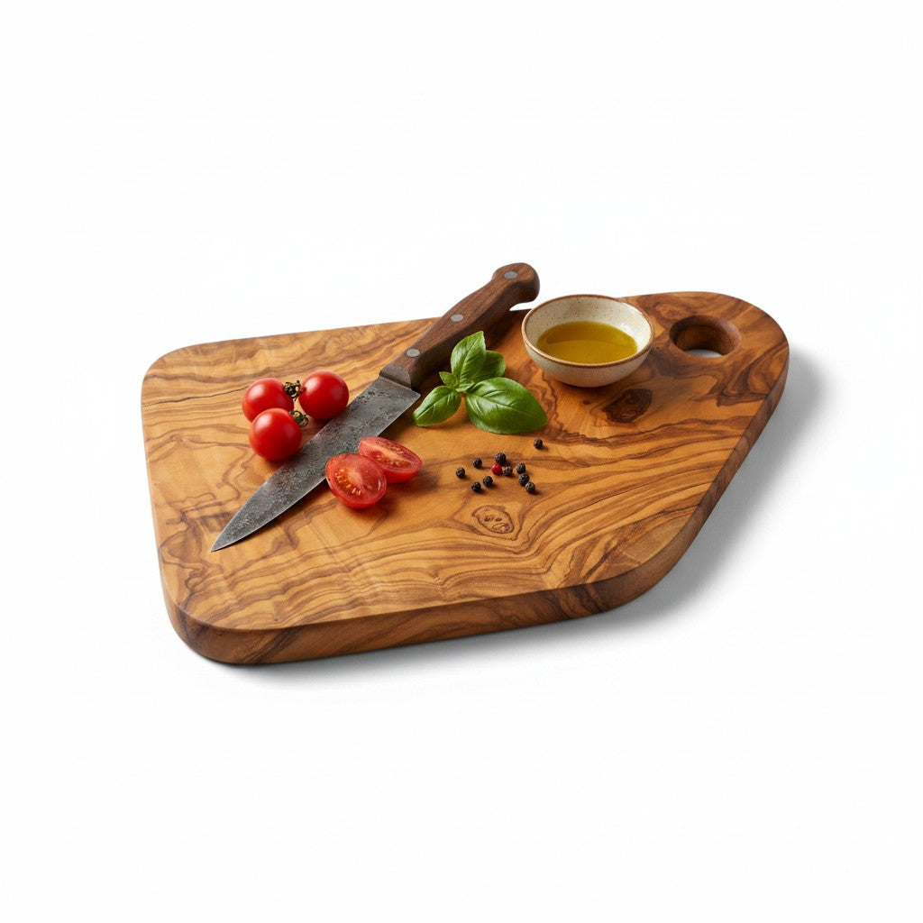 Handmade Olive Wood Cutting Board with Handle &amp; Hanging Hole | Rustic Bread Cheese &amp; Serving Board | Beautiful Natural Grain | 28 cm