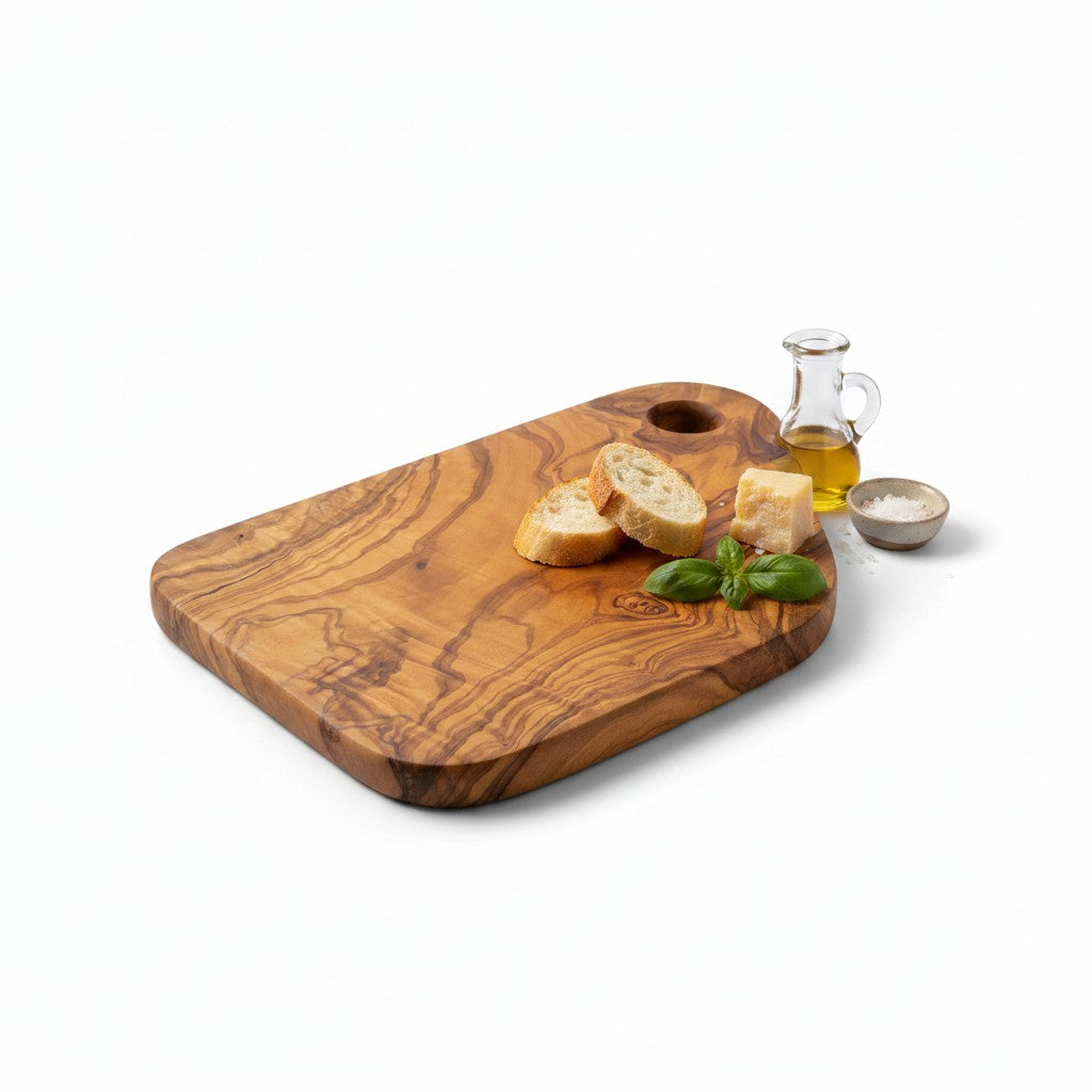Handmade Olive Wood Cutting Board with Handle &amp; Hanging Hole | Rustic Bread Cheese &amp; Serving Board | Beautiful Natural Grain | 28 cm