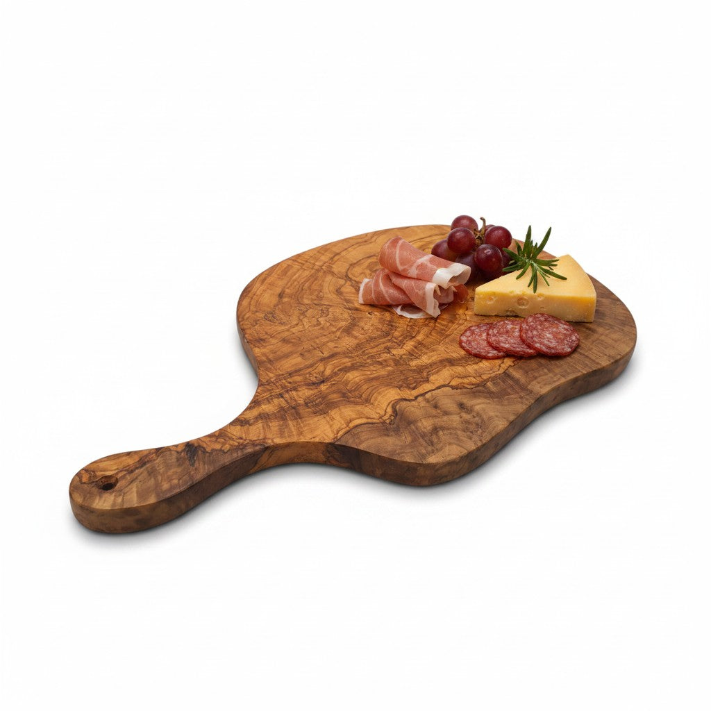 Handmade Olive Wood Round Freeform Charcuterie Board with Handle | Large Live Edge Cheese &amp; Antipasti Serving Board | Bold Natural Grain | 33–46 cm